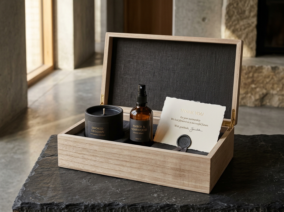 Raw paulownia timber casket with charcoal linen liner, candle, room spray, and card
